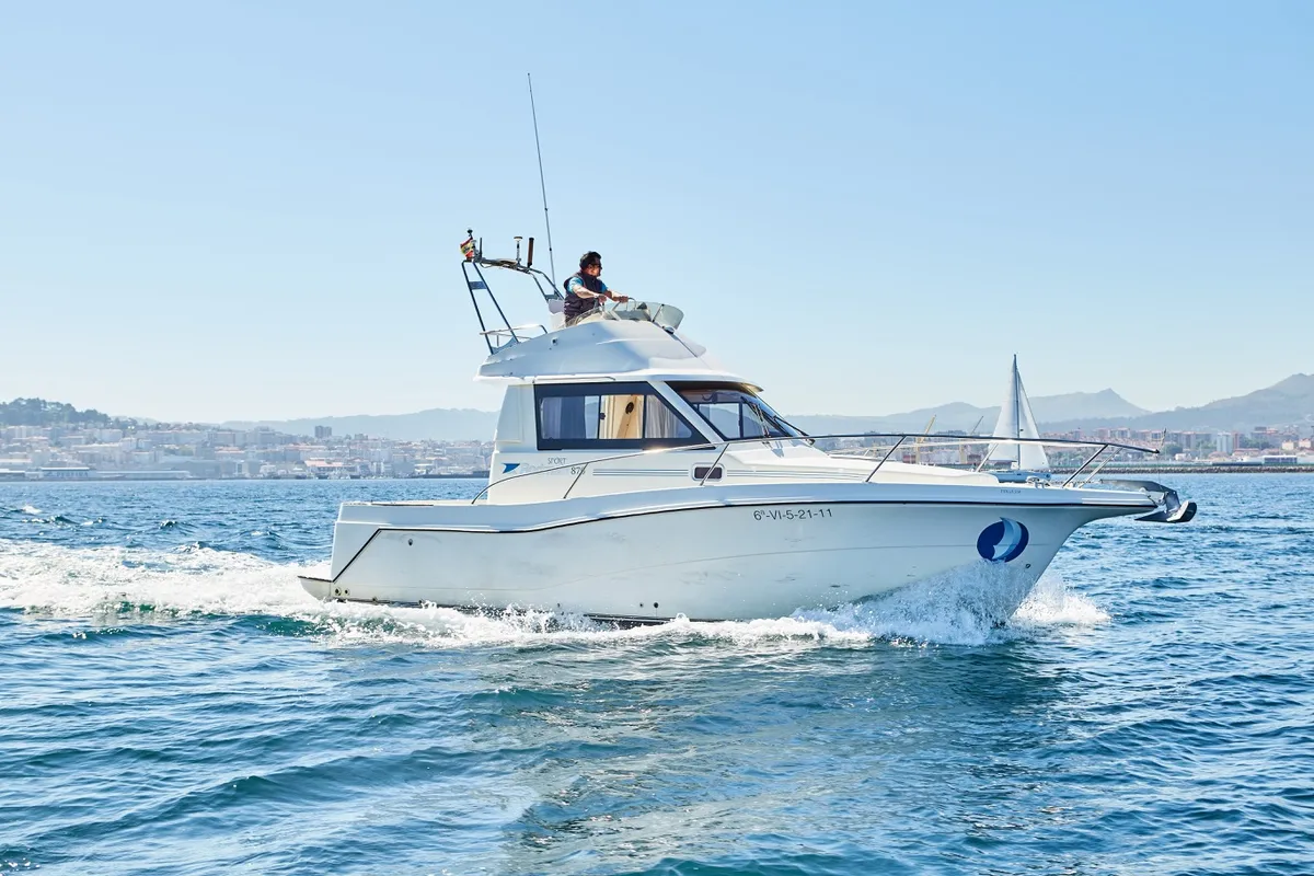 Exterior view of Txanpa Hiru, a Rodman 870 Fly motorboat at Vigo, Spain