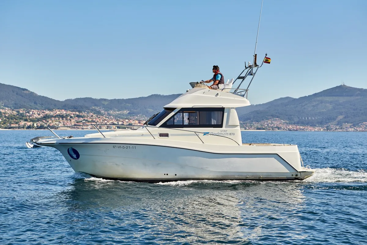 Exterior view of Txanpa Hiru, a Rodman 870 Fly motorboat at Vigo, Spain