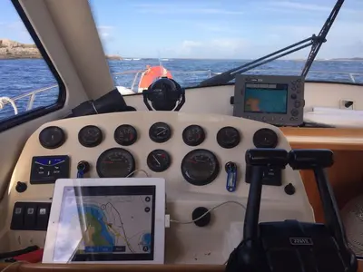 Cockpit of Txanpa Hiru, a Rodman 870 Fly motorboat at Vigo, Spain