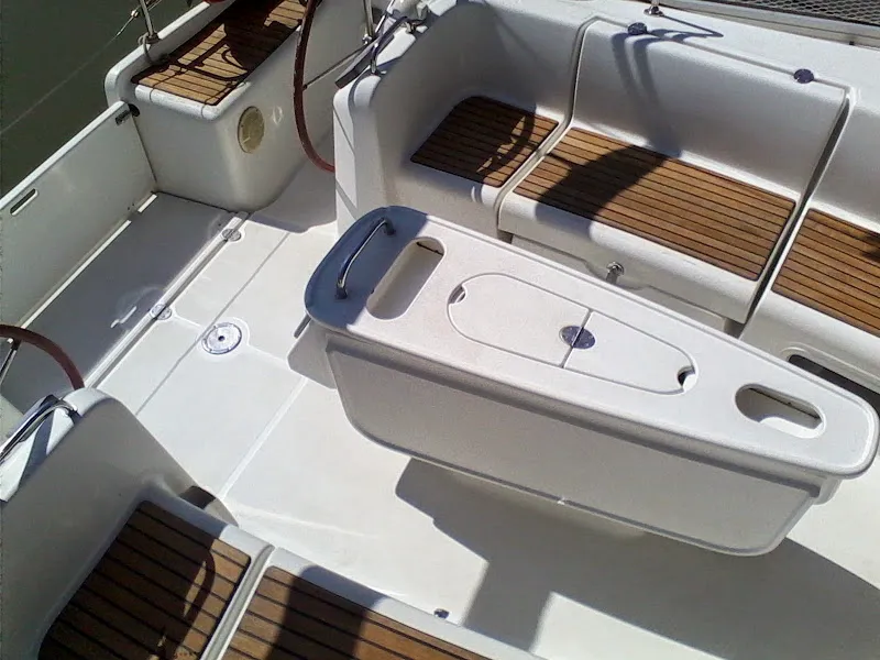 Cockpit of Velasquez, a Beneteau Cyclades 43.4 sailboat at Nettuno, Italy