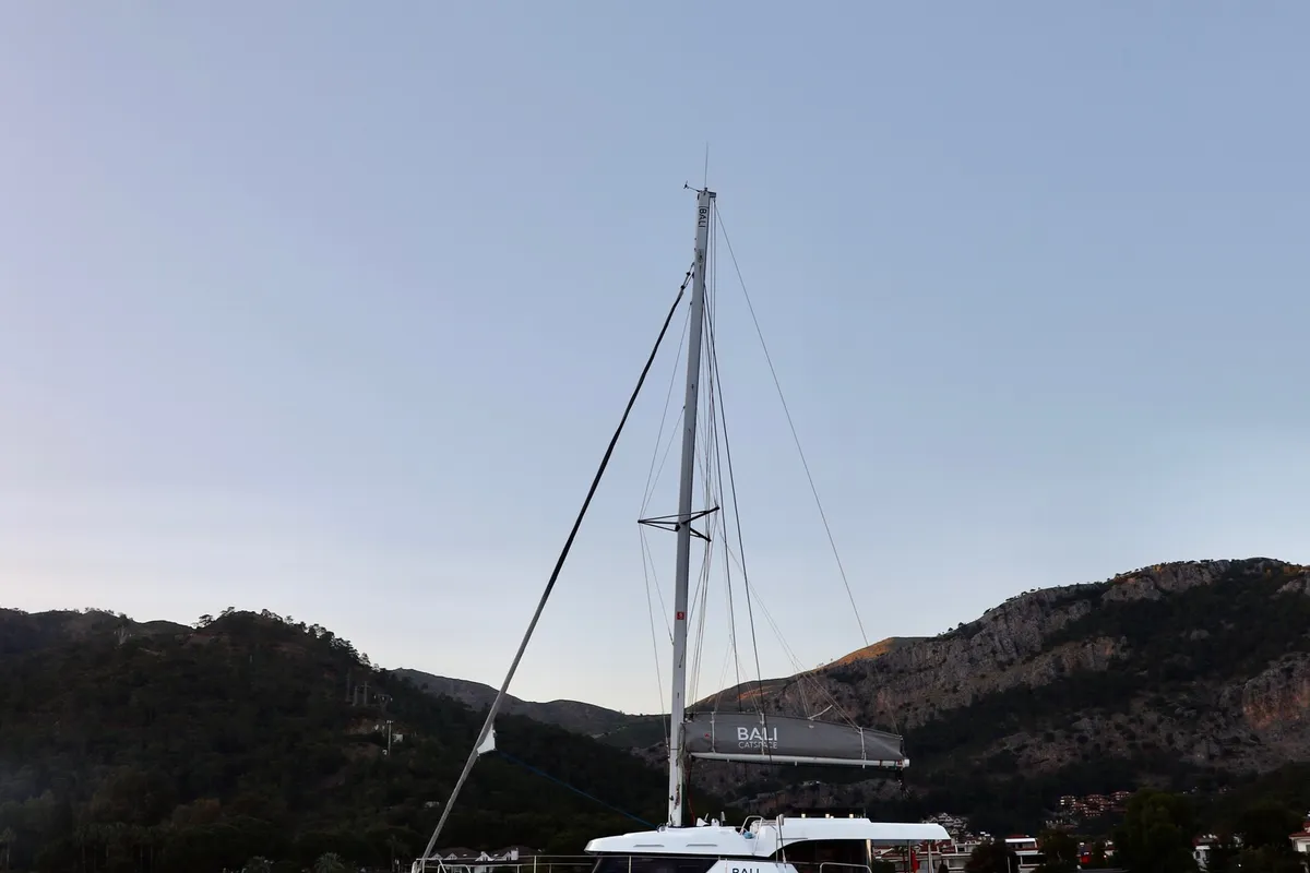 Exterior view of Rea, a Bali Catspace catamaran at Fethiye, Turkey