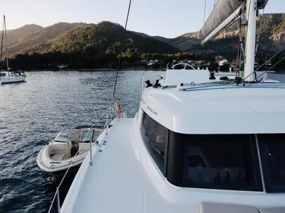 Deck of Rea, a Bali Catspace catamaran at Fethiye, Turkey