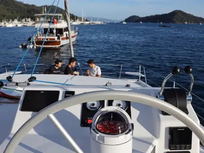 Cockpit of Rea, a Bali Catspace catamaran at Fethiye, Turkey