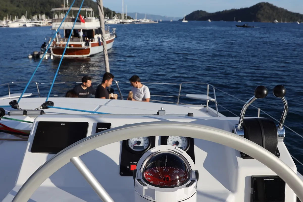 Cockpit of Rea, a Bali Catspace catamaran at Fethiye, Turkey