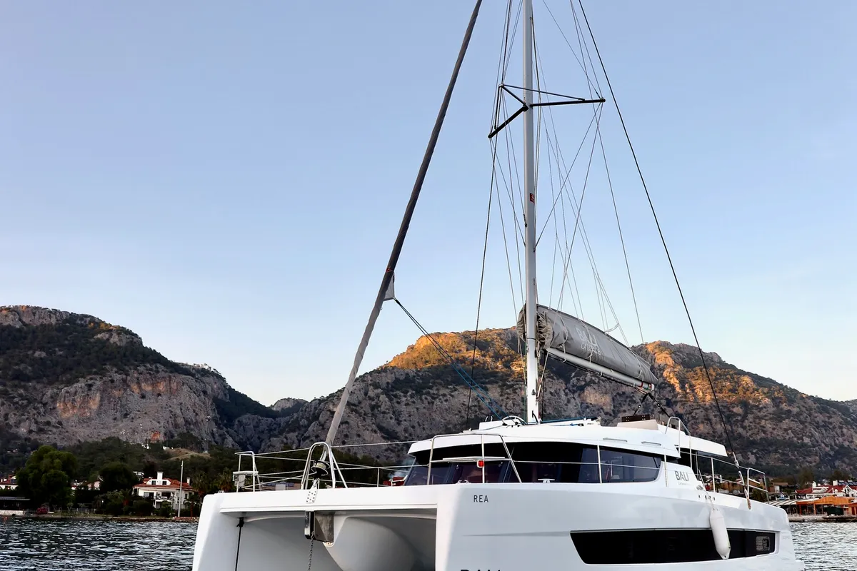 Exterior view of Rea, a Bali Catspace catamaran at Fethiye, Turkey