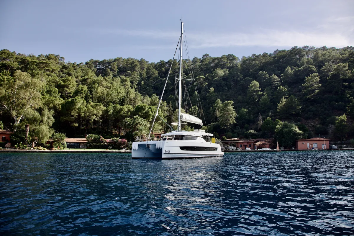 Exterior view of Rea, a Bali Catspace catamaran at Fethiye, Turkey
