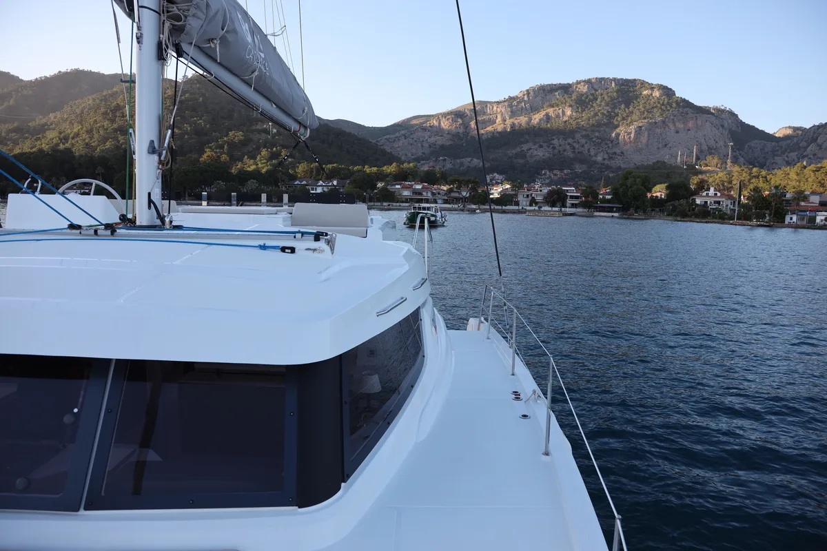 Deck of Rea, a Bali Catspace catamaran at Fethiye, Turkey