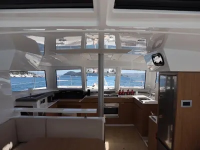 Salon of Rea, a Bali Catspace catamaran at Fethiye, Turkey