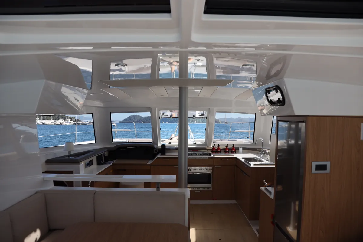 Salon of Rea, a Bali Catspace catamaran at Fethiye, Turkey