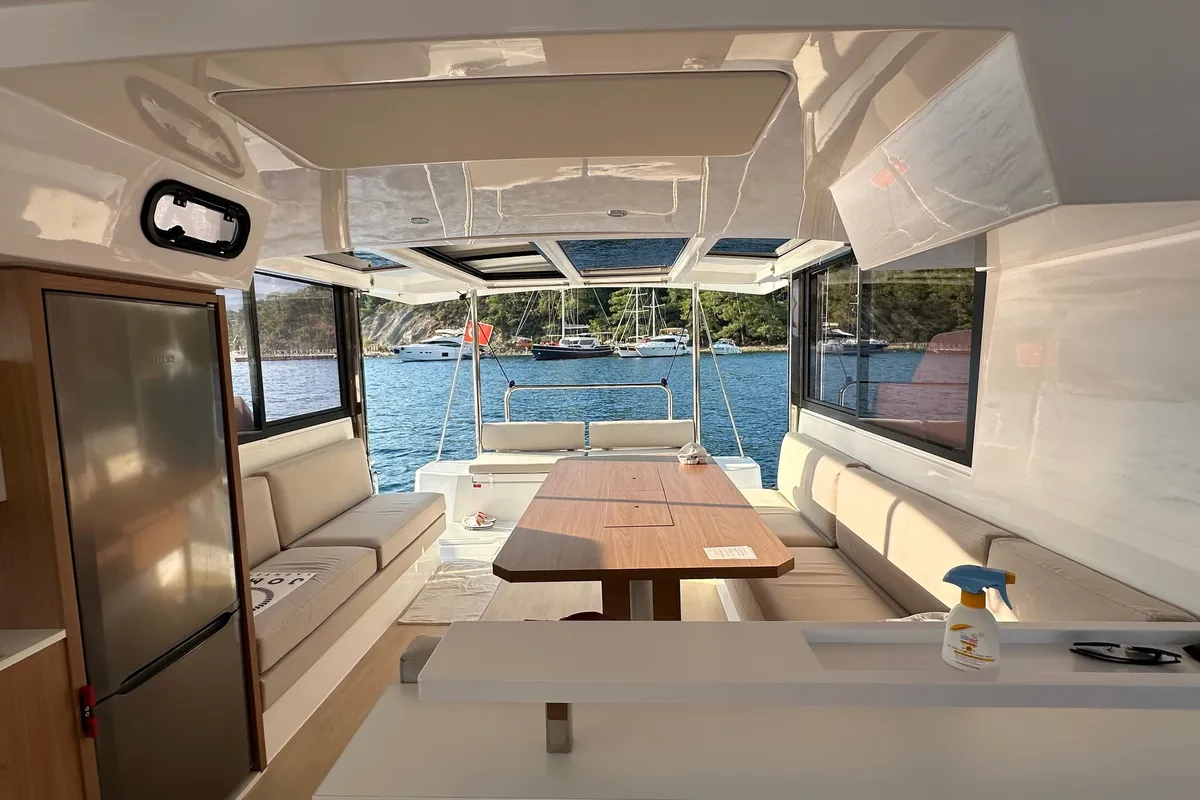 Salon of Rea, a Bali Catspace catamaran at Fethiye, Turkey