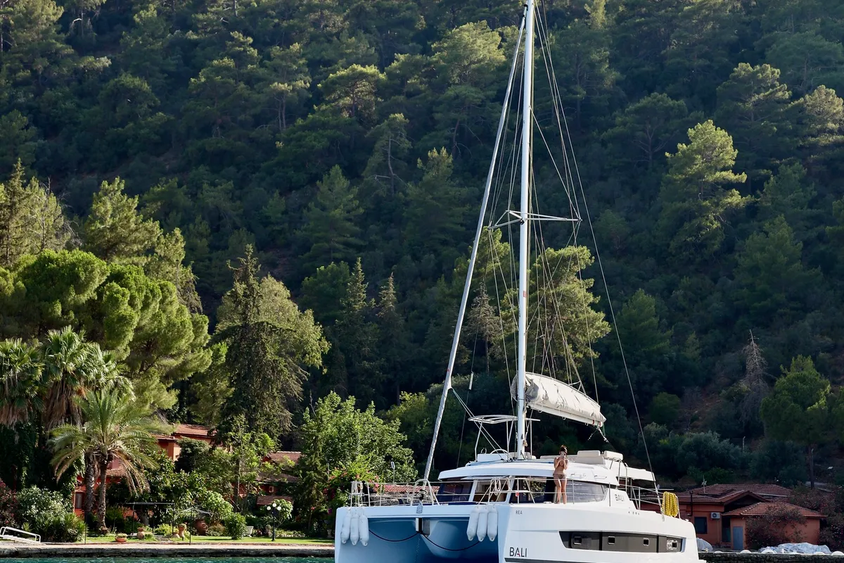 Exterior view of Rea, a Bali Catspace catamaran at Fethiye, Turkey
