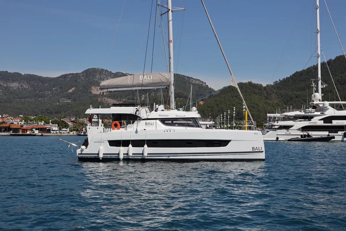 Exterior view of Rea, a Bali Catspace catamaran at Fethiye, Turkey