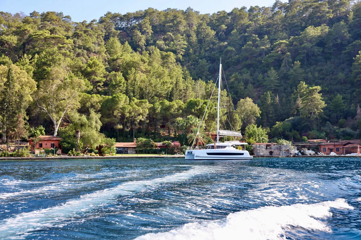 Exterior view of Rea, a Bali Catspace catamaran at Fethiye, Turkey