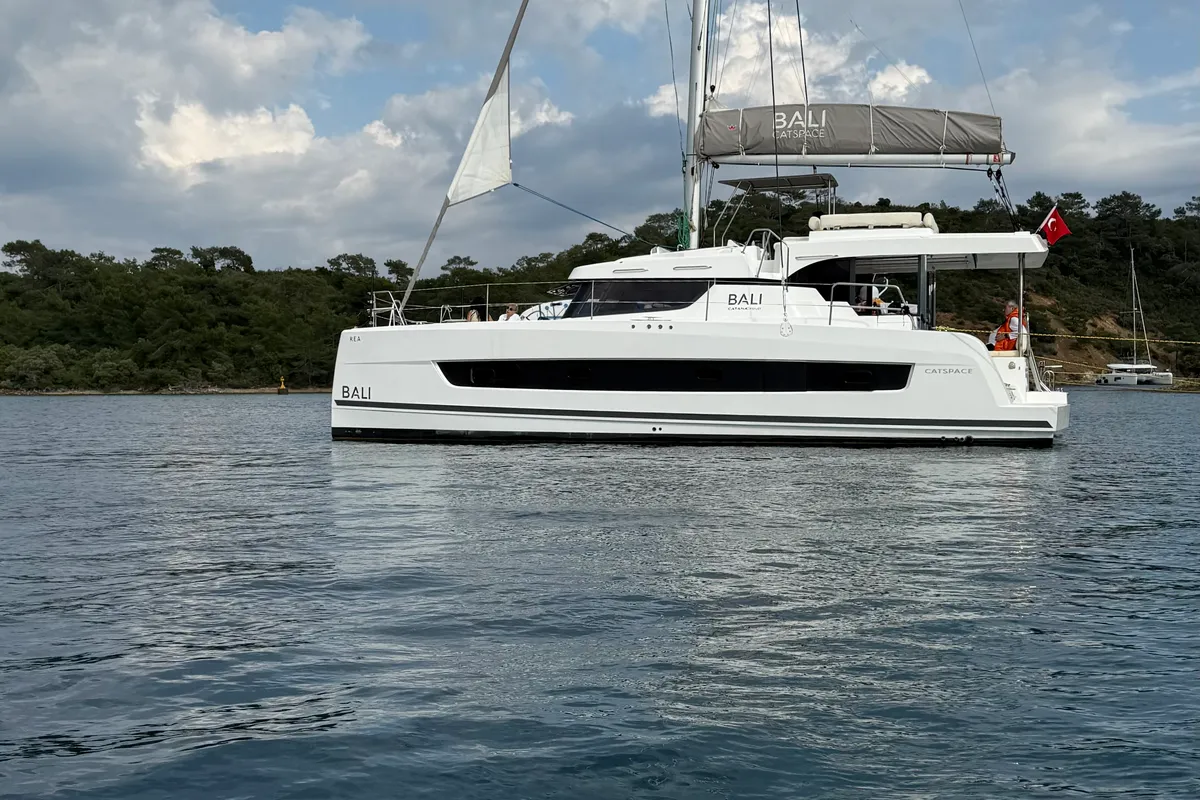 Exterior view of Rea, a Bali Catspace catamaran at Fethiye, Turkey