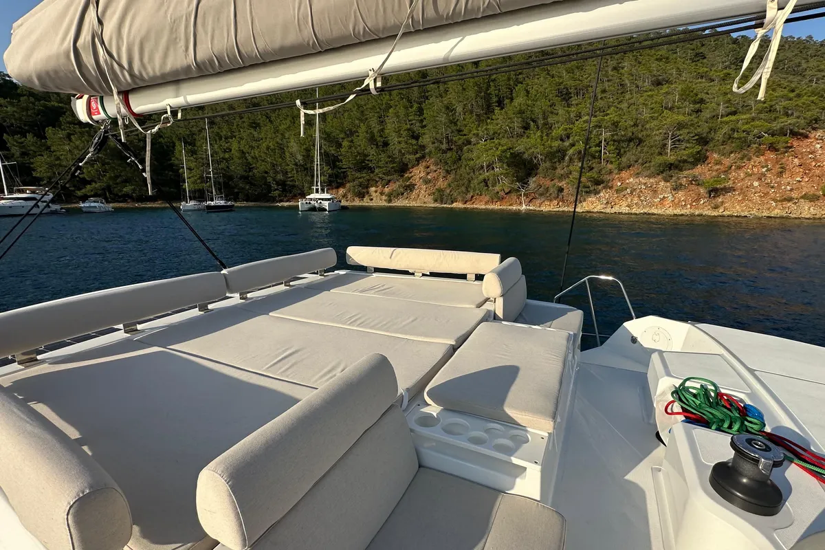 Deck of Rea, a Bali Catspace catamaran at Fethiye, Turkey