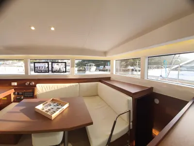 Salon of Guantanamera, a Lagoon 40 catamaran at Olbia, Italy