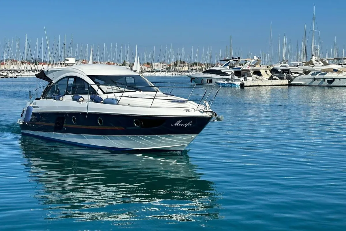 Exterior view of Monifa, a Beneteau Gran Turismo 38 motor yacht at Općina Sukošan, Croatia