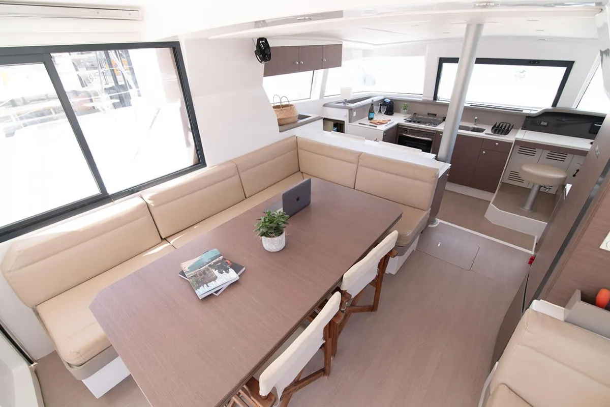 Salon of Princess, a Bali 4.1 catamaran at Lefkada, Greece