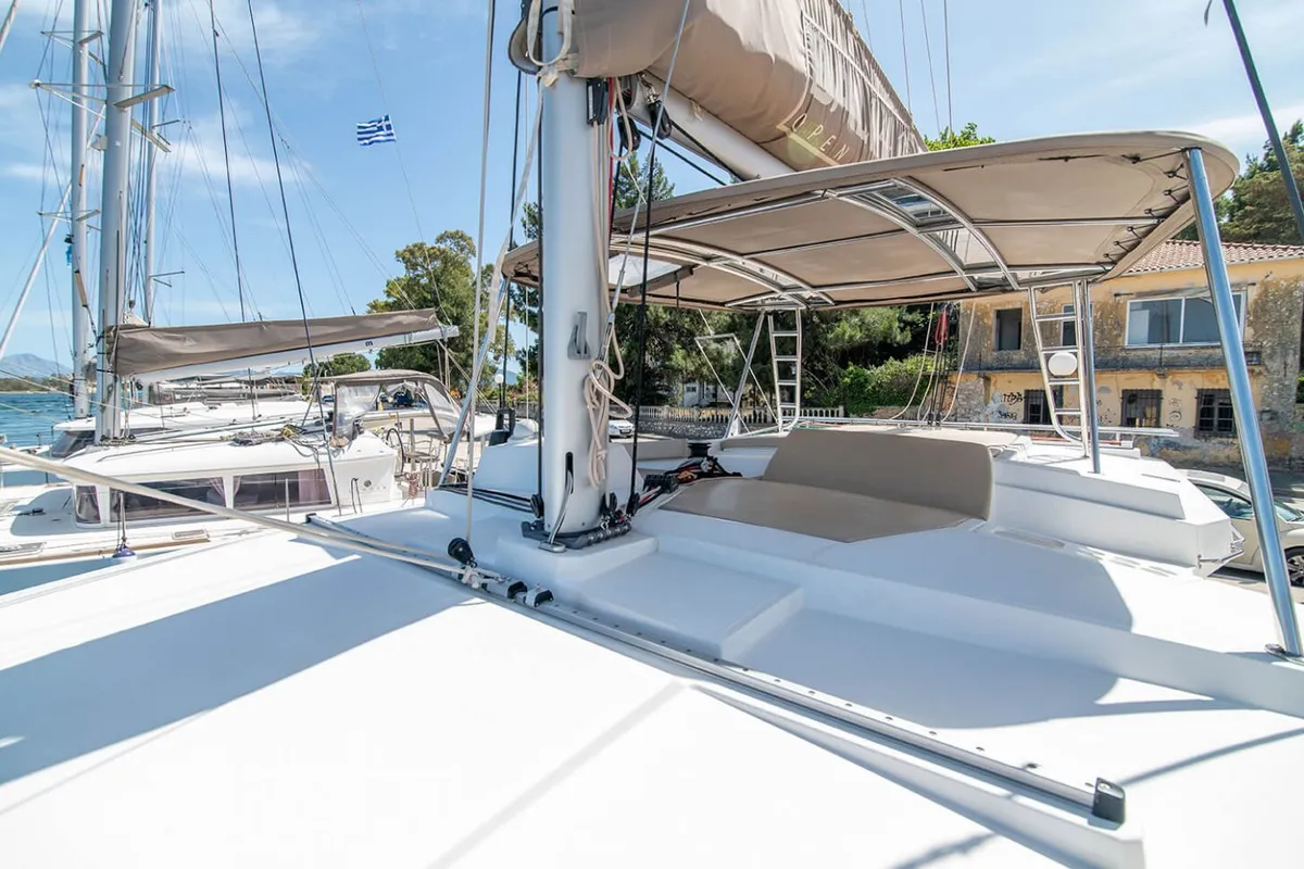 Deck of Princess, a Bali 4.1 catamaran at Lefkada, Greece