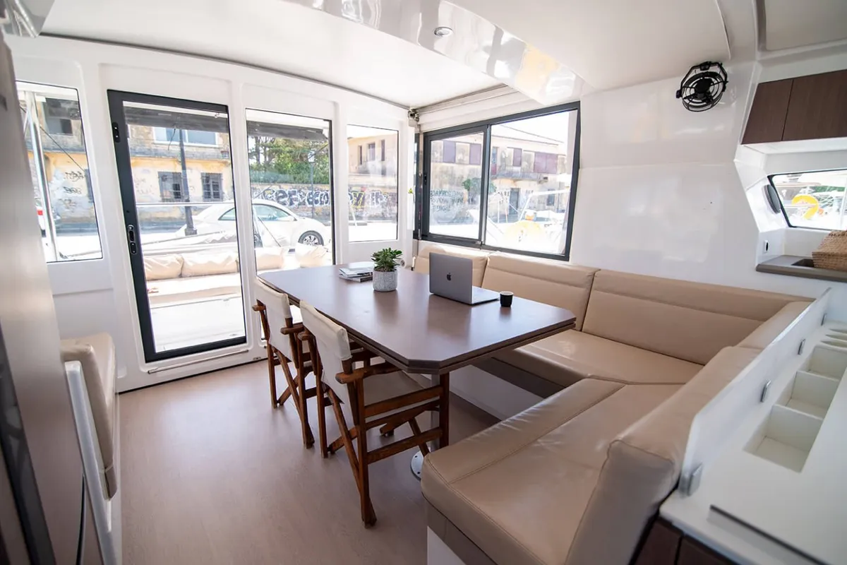 Salon of Princess, a Bali 4.1 catamaran at Lefkada, Greece