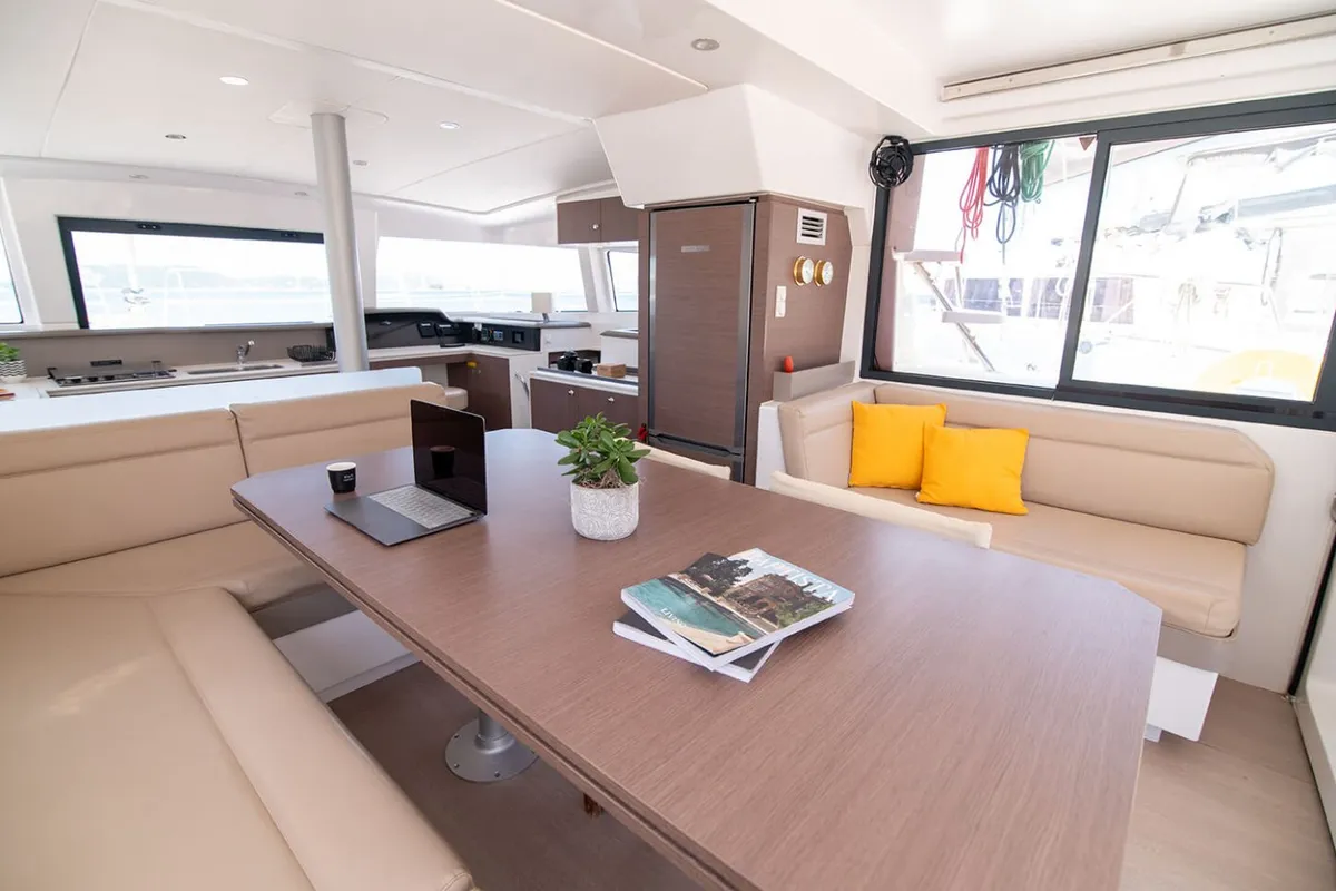 Salon of Princess, a Bali 4.1 catamaran at Lefkada, Greece