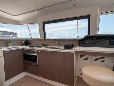 Galley of Princess, a Bali 4.1 catamaran at Lefkada, Greece