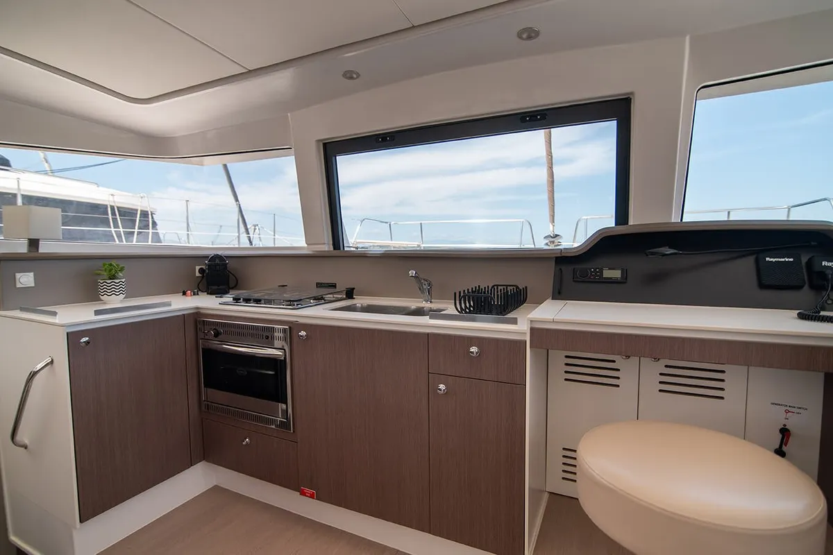 Galley of Princess, a Bali 4.1 catamaran at Lefkada, Greece