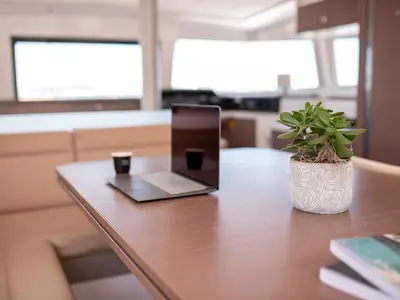 Salon of Princess, a Bali 4.1 catamaran at Lefkada, Greece