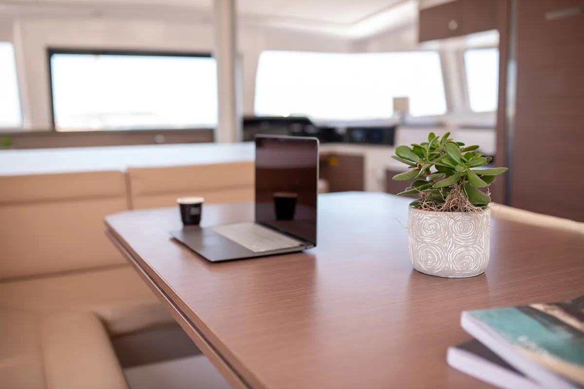 Salon of Princess, a Bali 4.1 catamaran at Lefkada, Greece