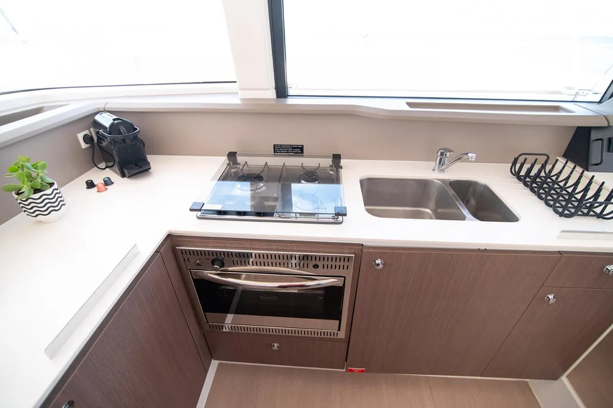 Galley of Princess, a Bali 4.1 catamaran at Lefkada, Greece
