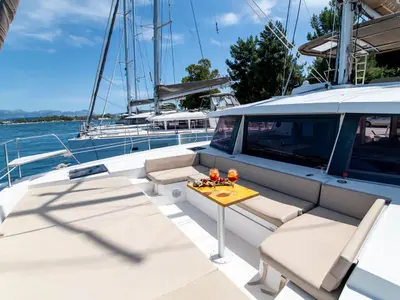 Deck of Princess, a Bali 4.1 catamaran at Lefkada, Greece