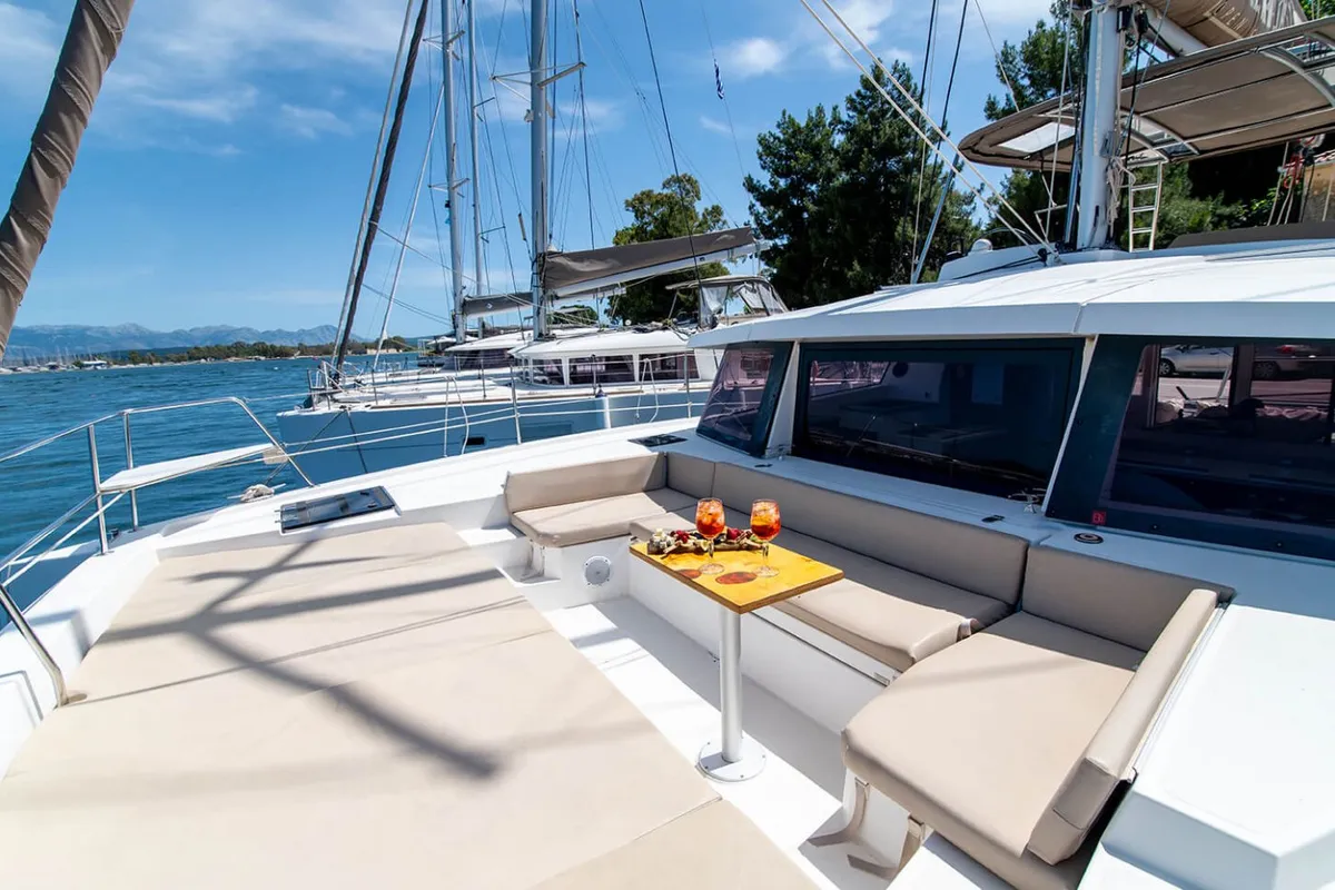 Deck of Princess, a Bali 4.1 catamaran at Lefkada, Greece