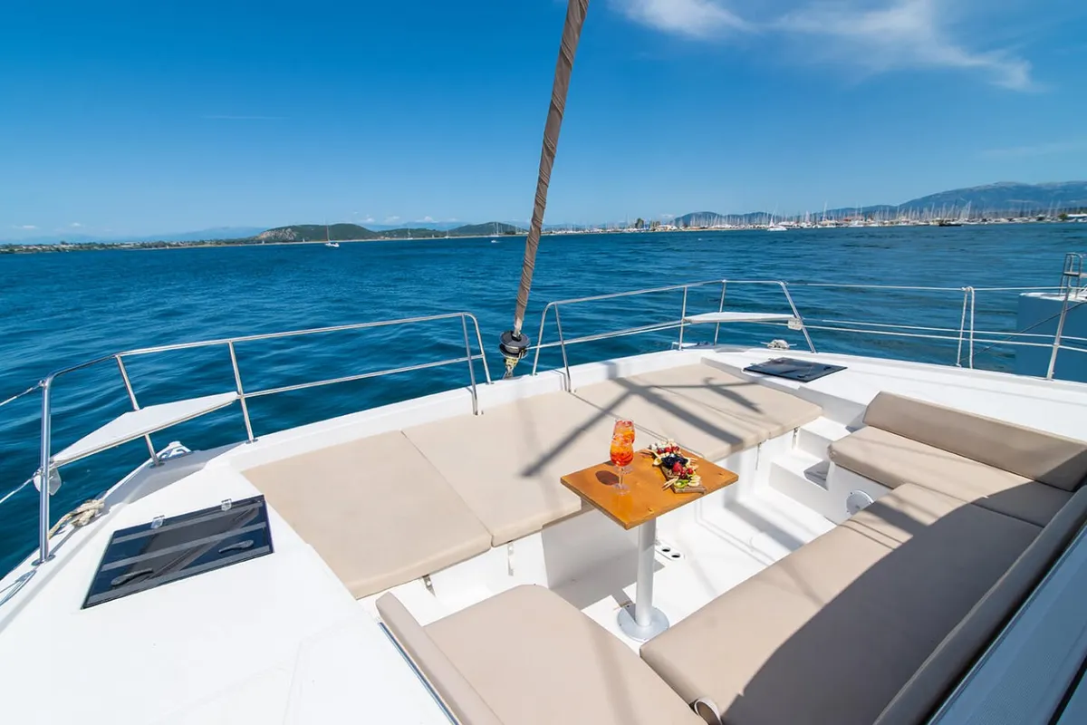 Deck of Princess, a Bali 4.1 catamaran at Lefkada, Greece