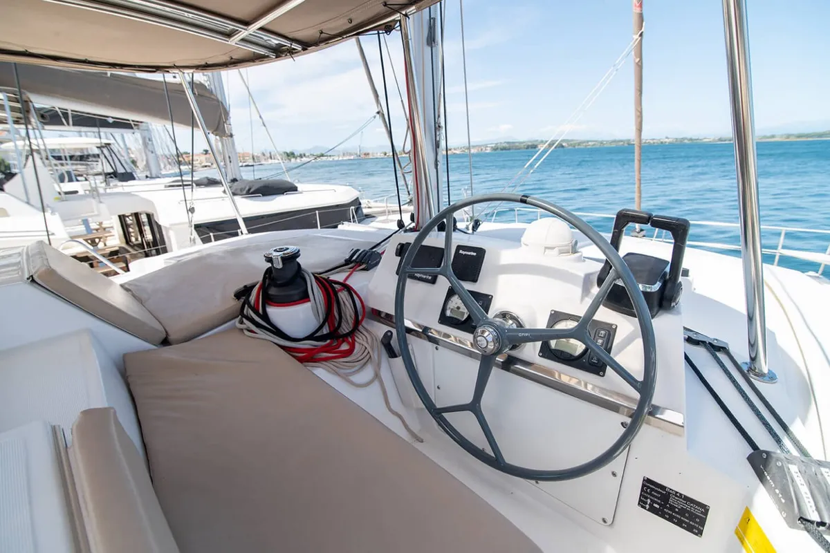 Cockpit of Princess, a Bali 4.1 catamaran at Lefkada, Greece