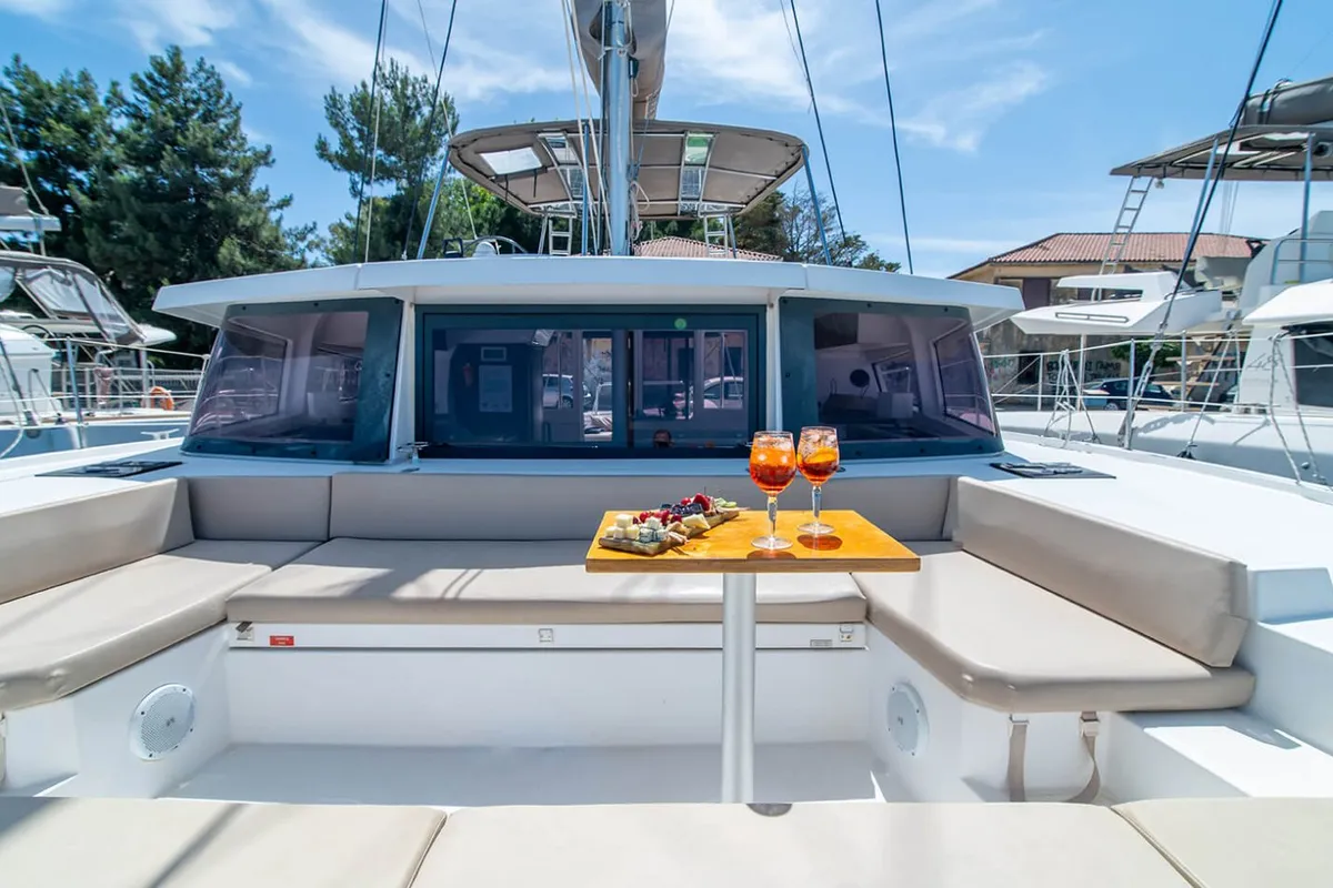 Deck of Princess, a Bali 4.1 catamaran at Lefkada, Greece