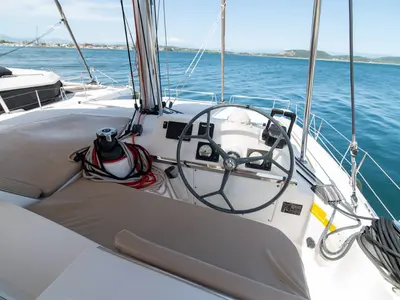 Cockpit of Princess, a Bali 4.1 catamaran at Lefkada, Greece