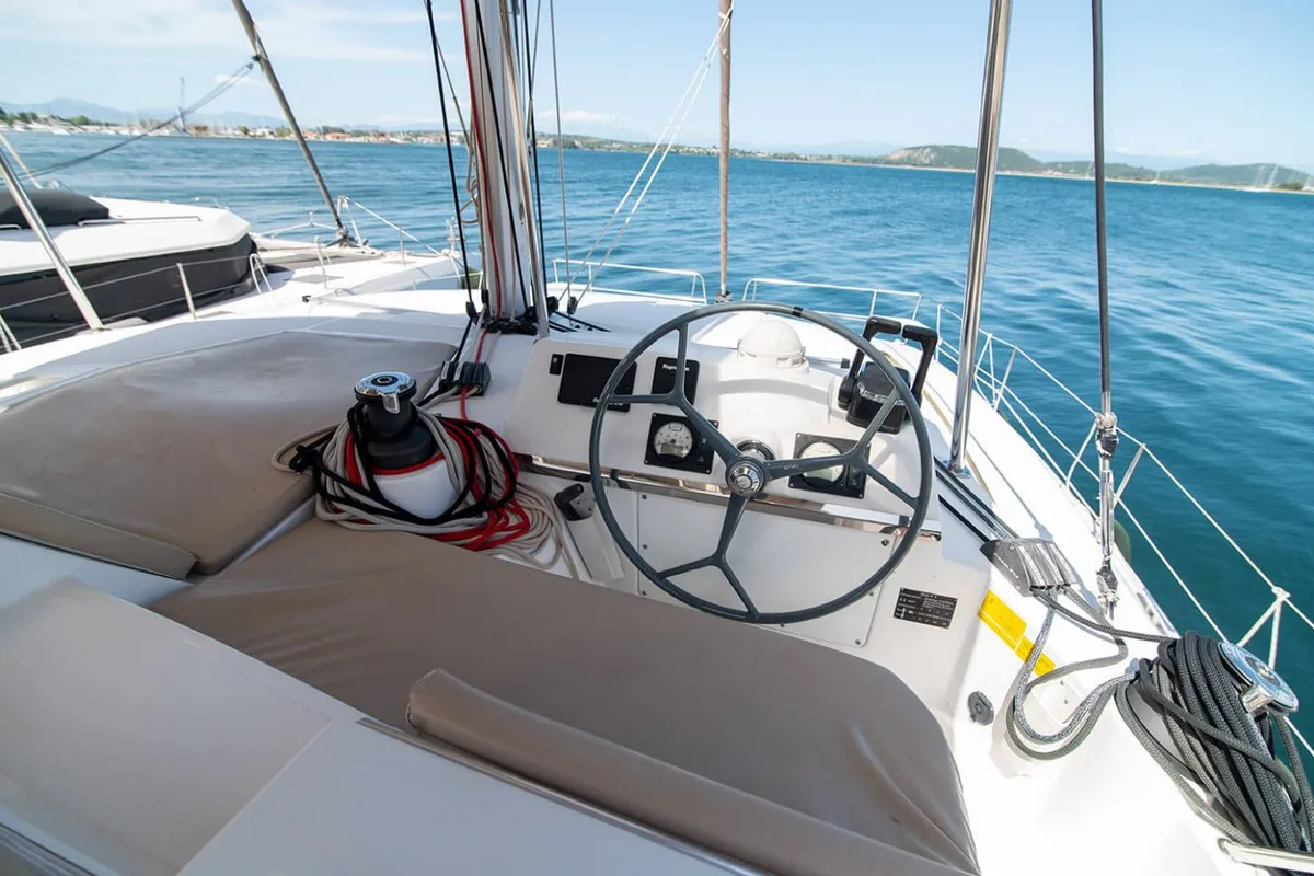 Cockpit of Princess, a Bali 4.1 catamaran at Lefkada, Greece