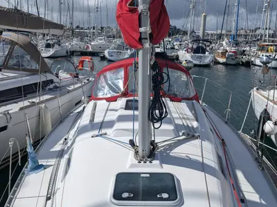 Deck of Eole, a Beneteau Oceanis 311 sailboat at Saint-Cast-le-Guildo, France