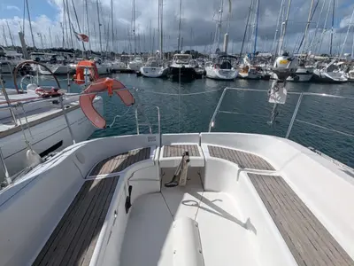 Cockpit of Eole, a Beneteau Oceanis 311 sailboat at Saint-Cast-le-Guildo, France