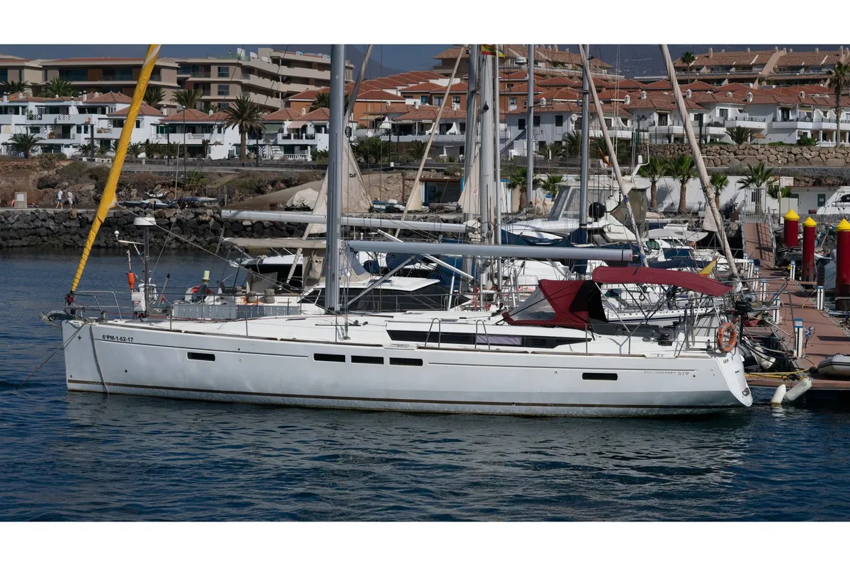 Exterior view of Leia, a Jeanneau Sun Odyssey 519 sailboat at San Miguel de Abona, Spain