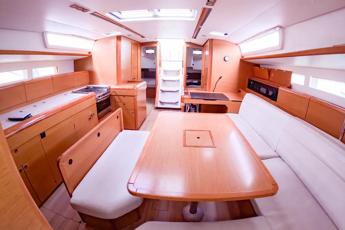 Salon of Leia, a Jeanneau Sun Odyssey 519 sailboat at San Miguel de Abona, Spain