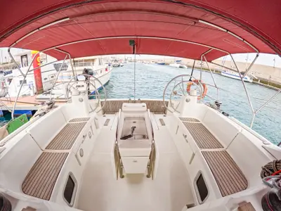 Cockpit of Leia, a Jeanneau Sun Odyssey 519 sailboat at San Miguel de Abona, Spain