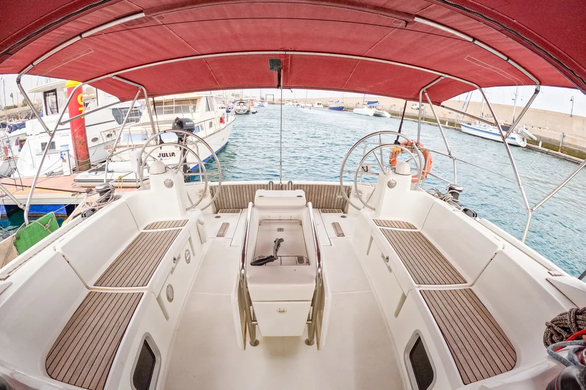 Cockpit of Leia, a Jeanneau Sun Odyssey 519 sailboat at San Miguel de Abona, Spain