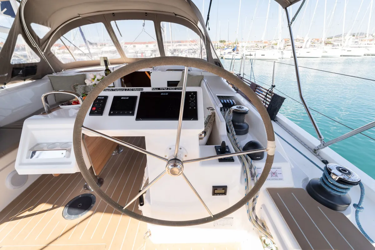 Deck of Calypso, a Bavaria C45 sailboat at Pirovac, Croatia