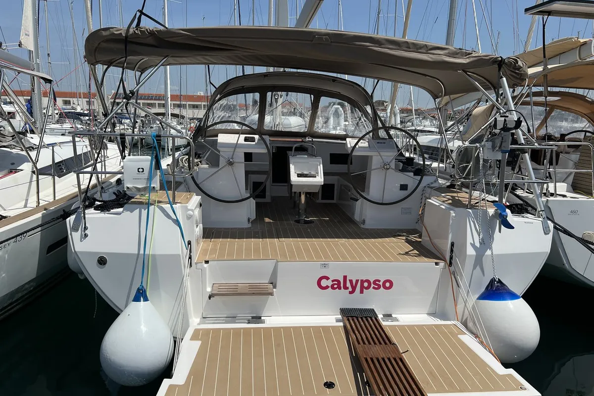 Deck of Calypso, a Bavaria C45 sailboat at Pirovac, Croatia