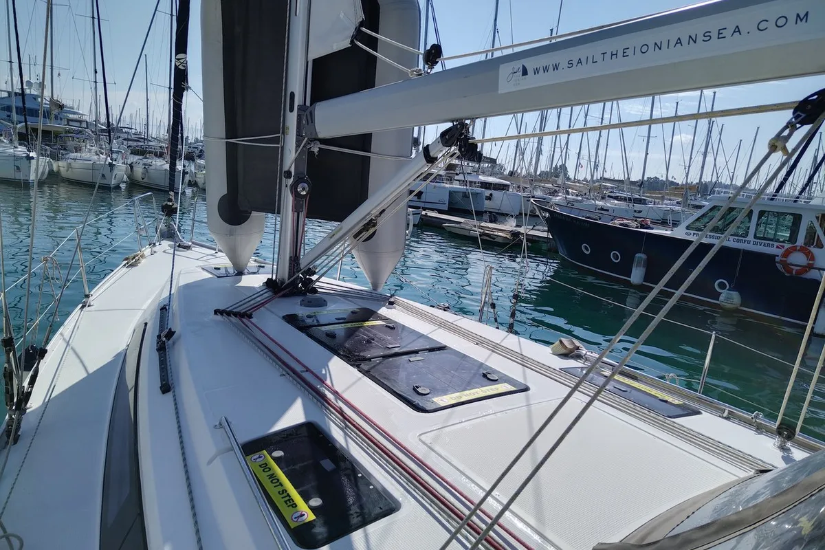 Deck of Sea Hope, a Bavaria Cruiser 37 sailboat at Kontokali, Greece