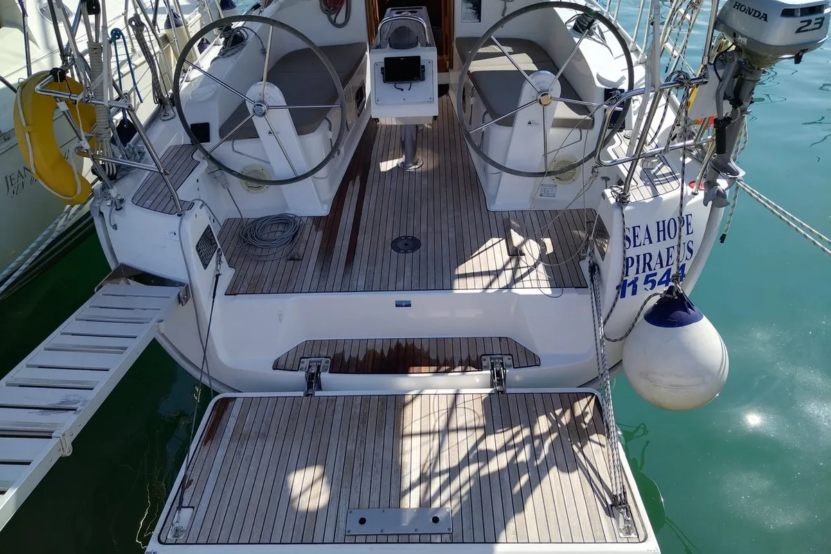 Deck of Sea Hope, a Bavaria Cruiser 37 sailboat at Kontokali, Greece