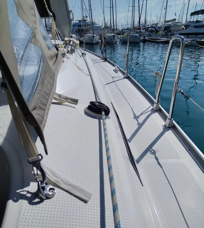 Deck of Sea Hope, a Bavaria Cruiser 37 sailboat at Kontokali, Greece