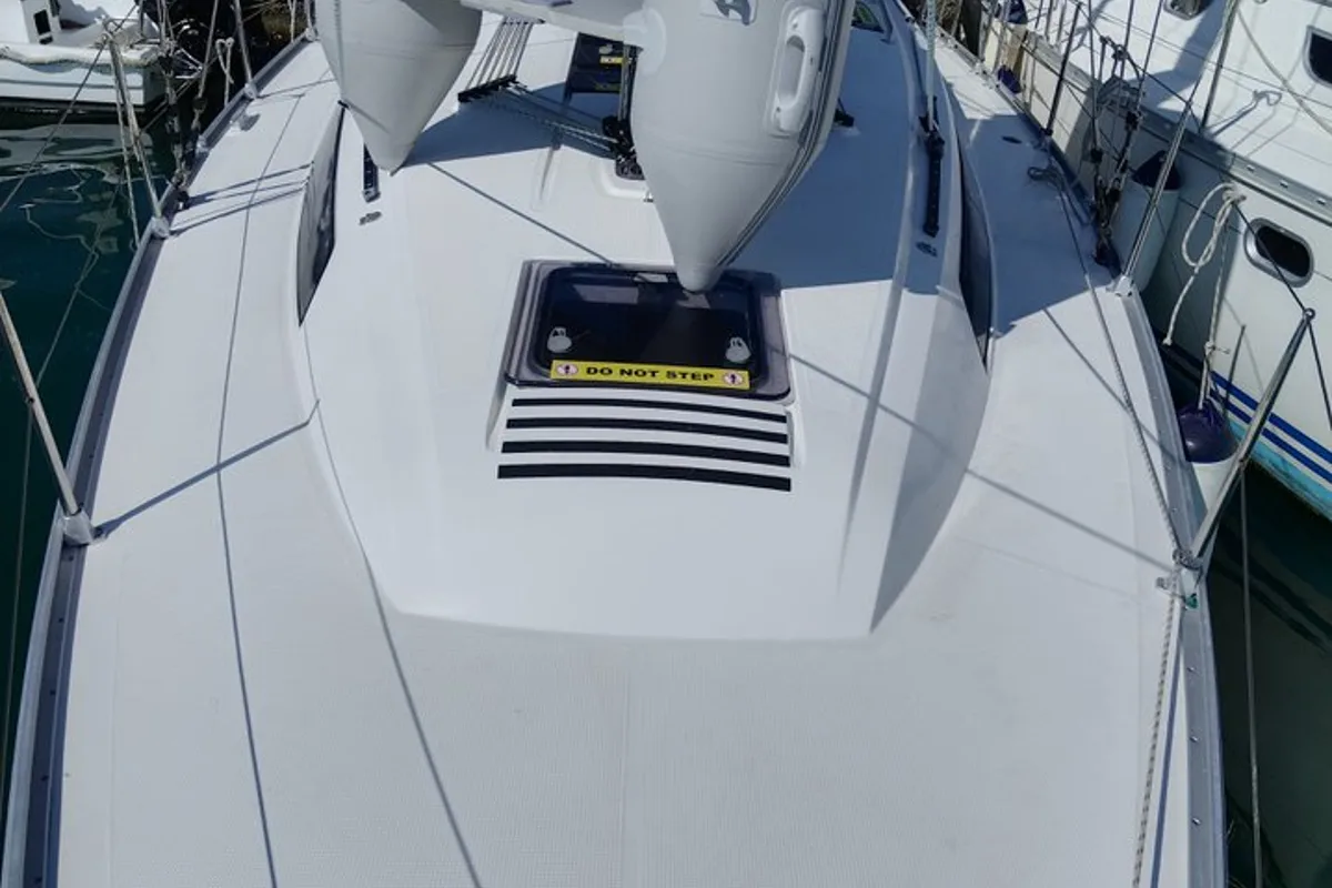 Deck of Sea Hope, a Bavaria Cruiser 37 sailboat at Kontokali, Greece