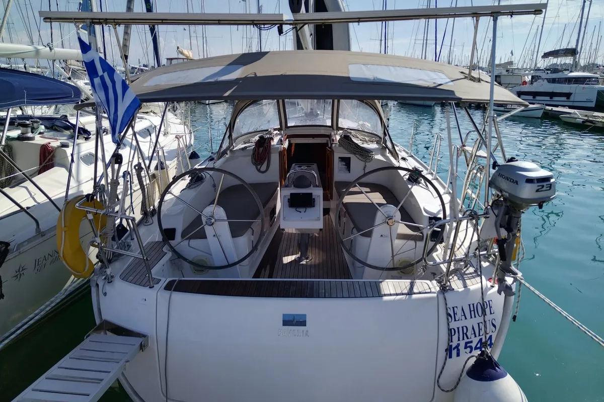 Exterior view of Sea Hope, a Bavaria Cruiser 37 sailboat at Kontokali, Greece